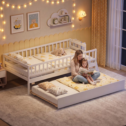 Twin Bed with Trundle, Bookshelf & Ladder for Kids