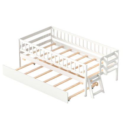 Twin Bed with Trundle, Bookshelf & Ladder for Kids