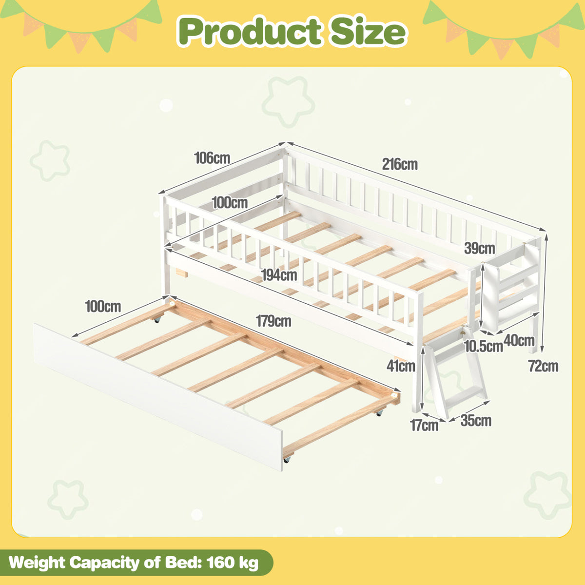 Twin Bed with Trundle, Bookshelf & Ladder for Kids