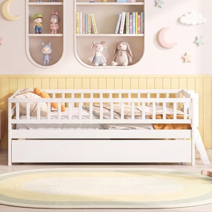 Twin Bed with Trundle, Bookshelf & Ladder for Kids