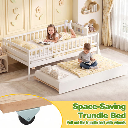 Twin Bed with Trundle, Bookshelf & Ladder for Kids