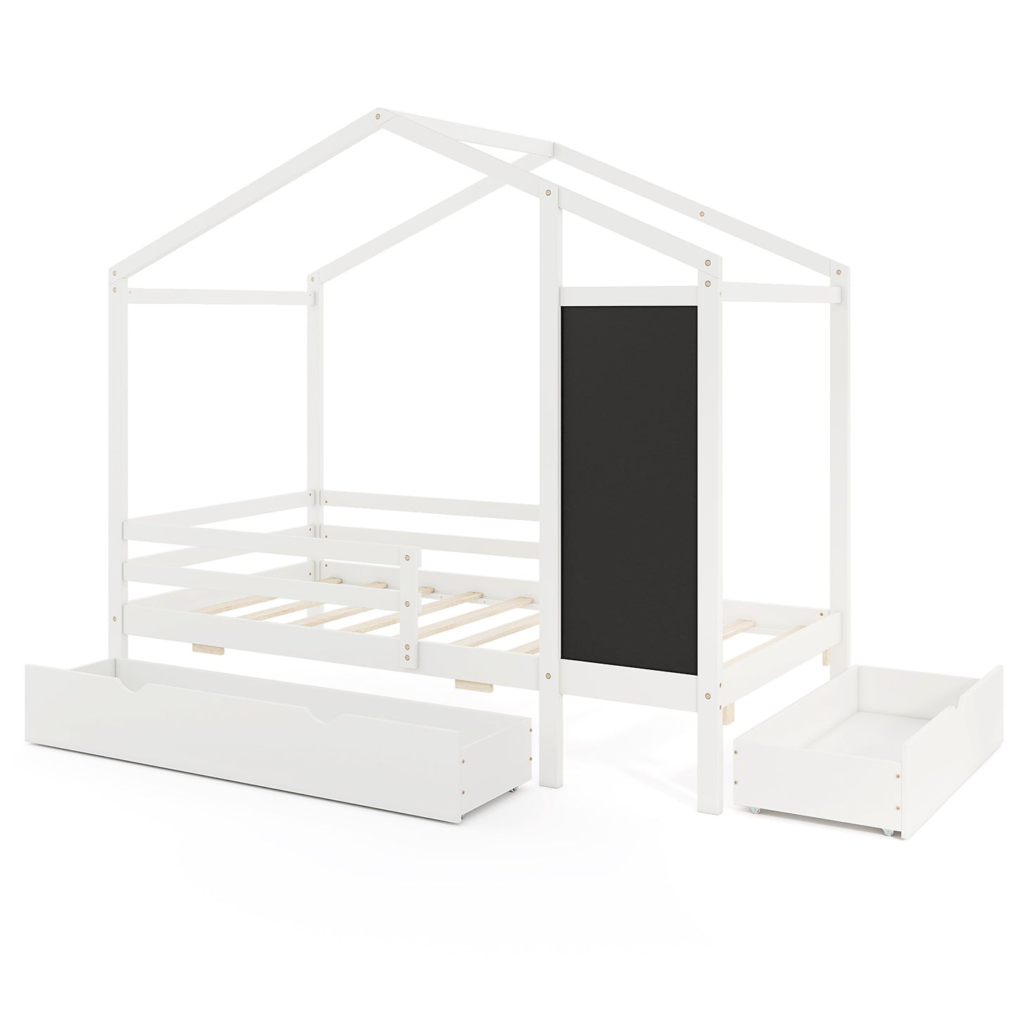 Kids Twin Size Bed with 2 Drawers Solid Wood Bed with Blackboard-White - White