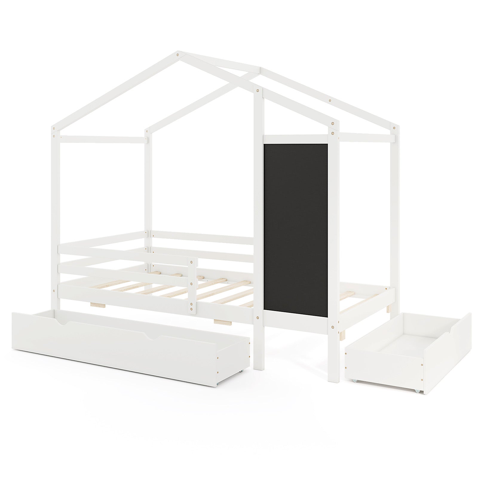 Kids Twin Size Bed with 2 Drawers Solid Wood Bed with Blackboard-White - White