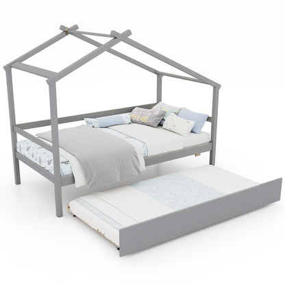 Kids Twin Size House Bed with Trundle and Roof