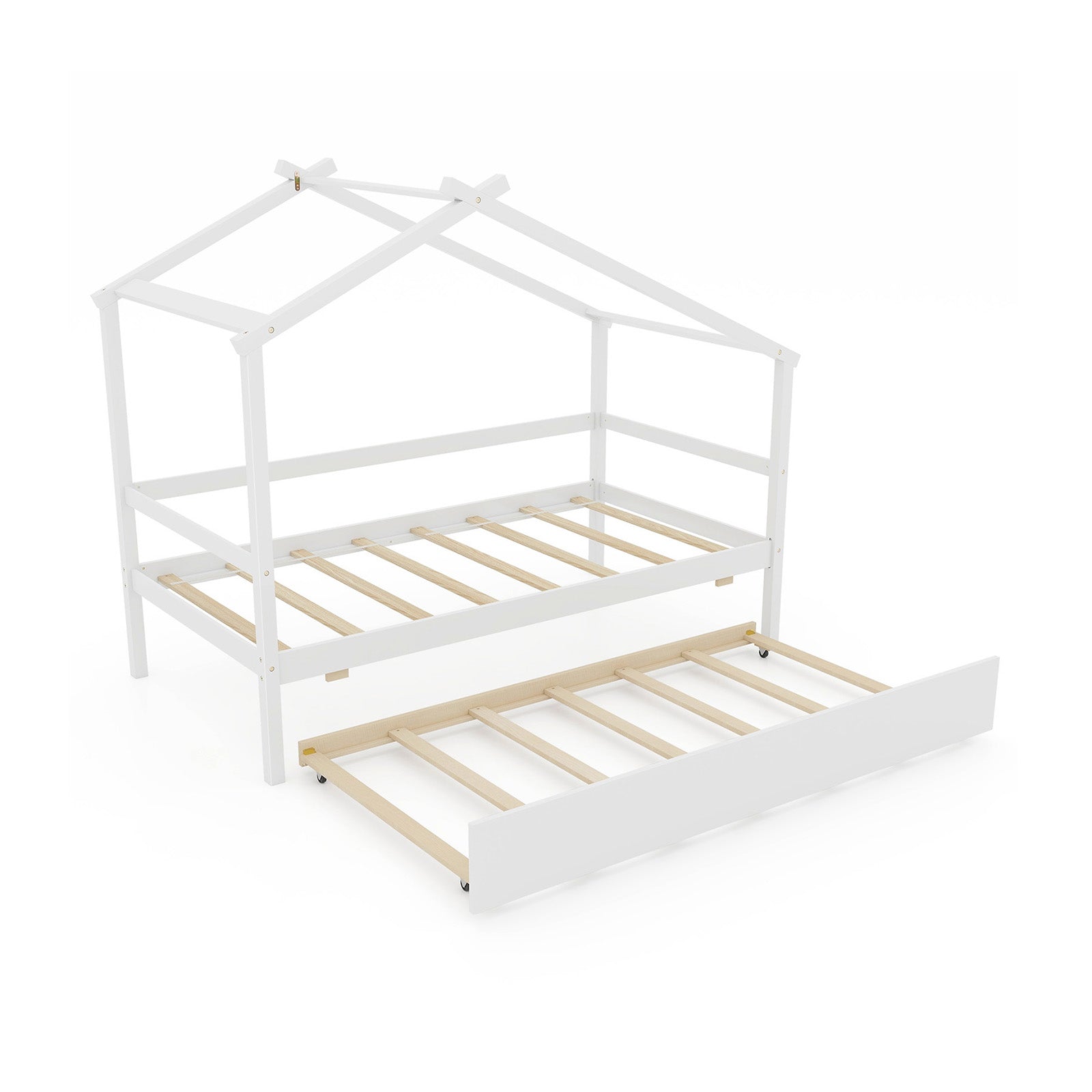 Kids Twin Size House Bed with Trundle and Roof-White - White