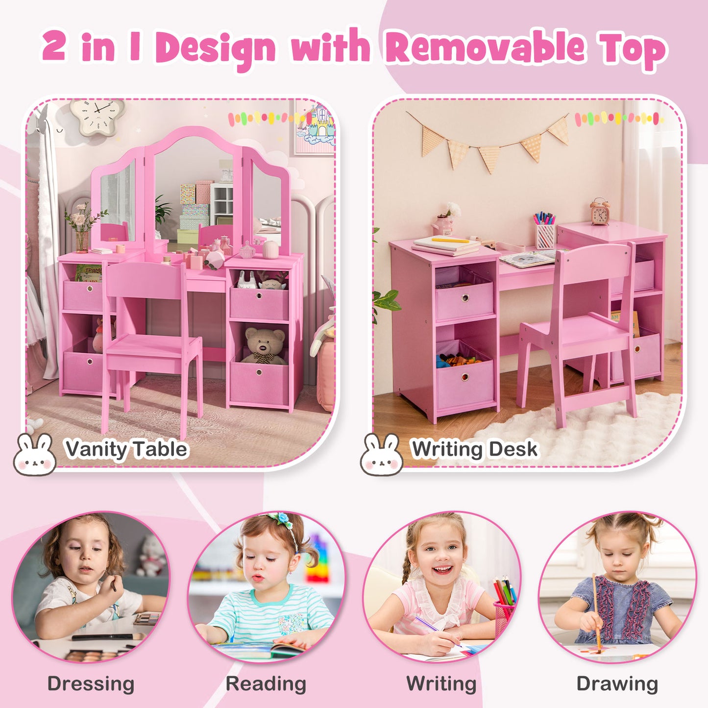Kids Vanity Table and Chair Set with Removable Mirrors and 4 Storage Bins