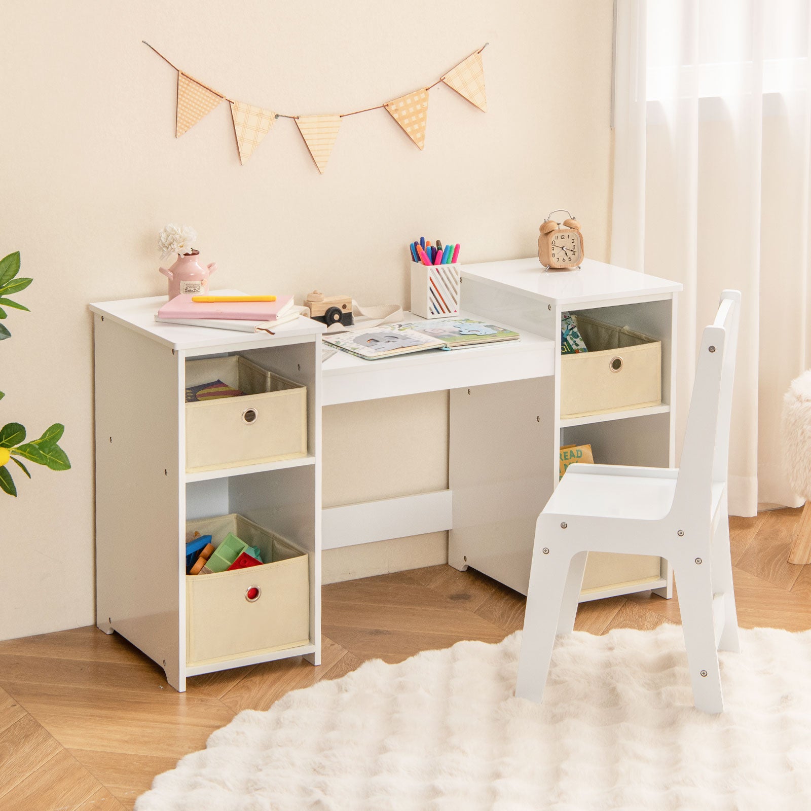Kids Vanity Table and Chair Set with Removable Mirrors and 4 Storage Bins-Pink - White