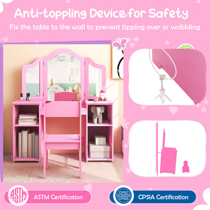Kids Vanity Table and Chair Set with Removable Tri-Folding Mirror