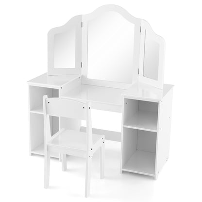 Kids Vanity Table and Chair Set with Removable Tri-Folding Mirror-White - White