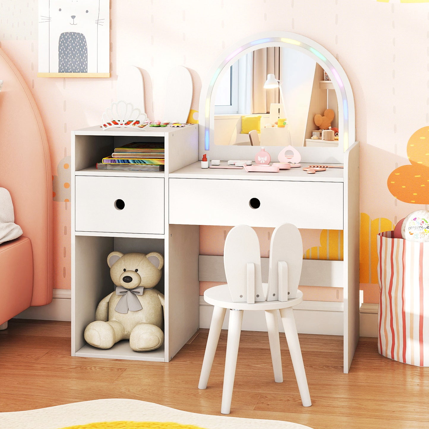 Kids Vanity Desk and Chair Set with Lights Open Shelves-White
