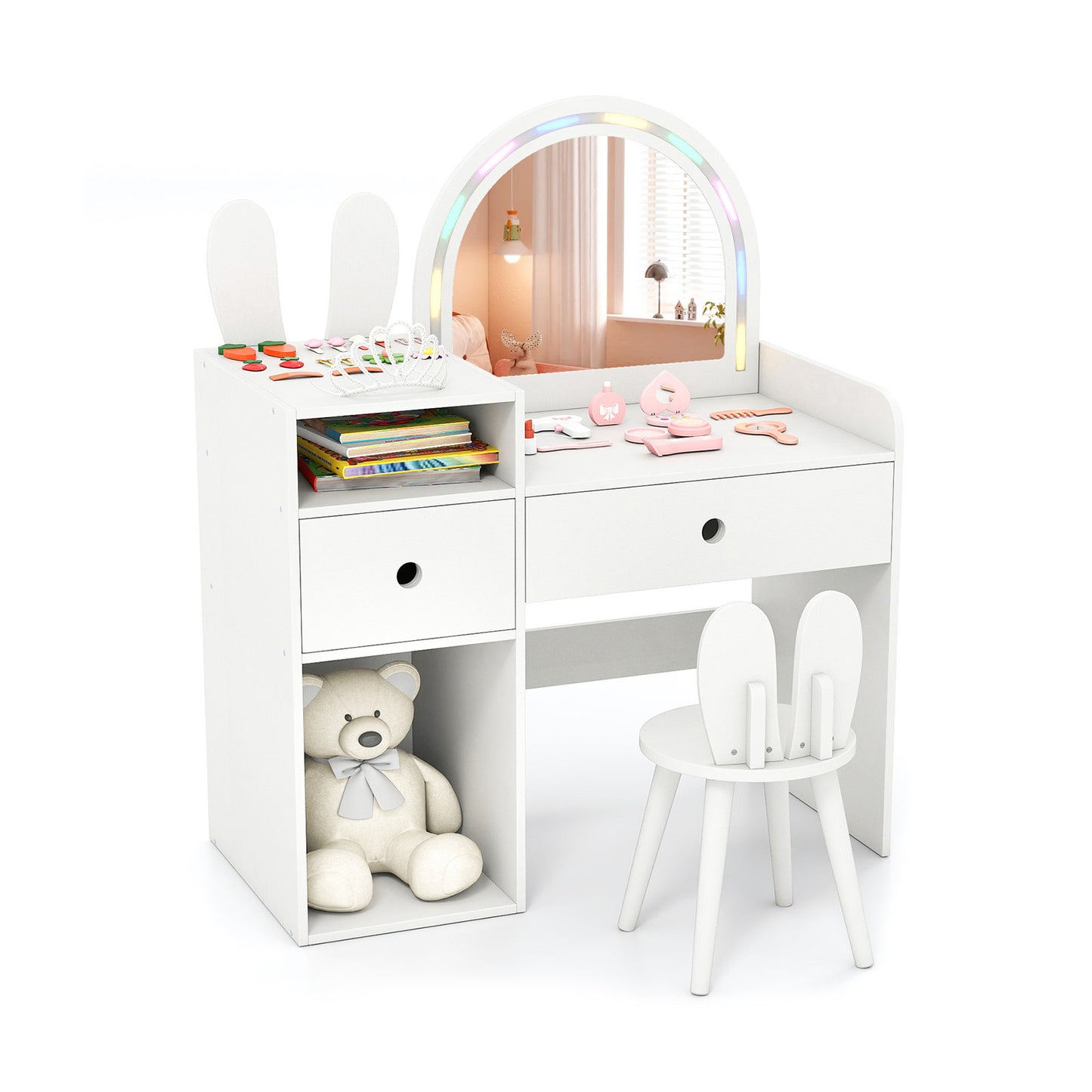 Kids Vanity Desk and Chair Set with Lights Open Shelves-White