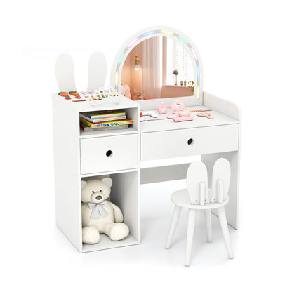 Kids Vanity Desk and Chair Set with Lights Open Shelves-White
