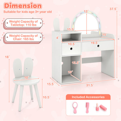 Kids Vanity Desk and Chair Set with Lights Open Shelves-White