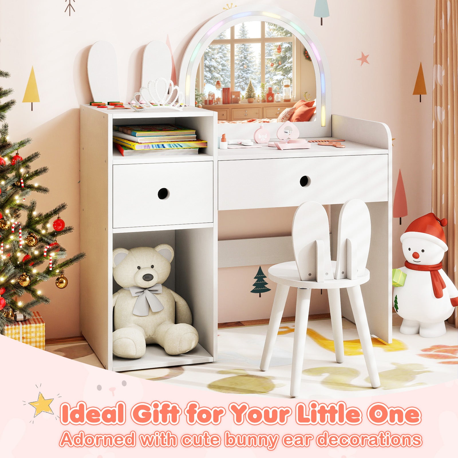 Kids Vanity Desk and Chair Set with Lights Open Shelves-White
