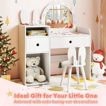 Kids Vanity Desk and Chair Set with Lights Open Shelves-White