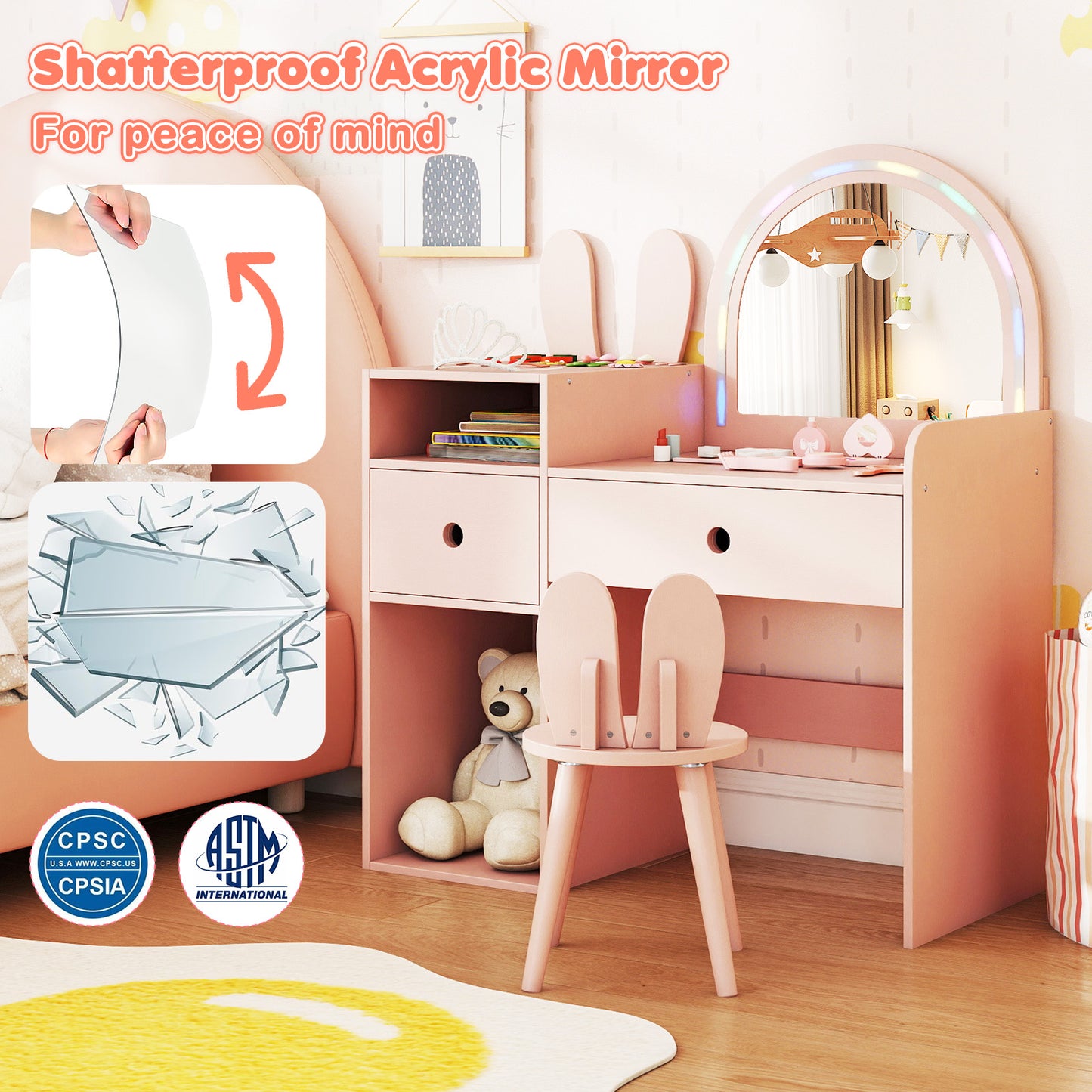 Kids Vanity Desk and Chair Set with Lights Open Shelves-Pink