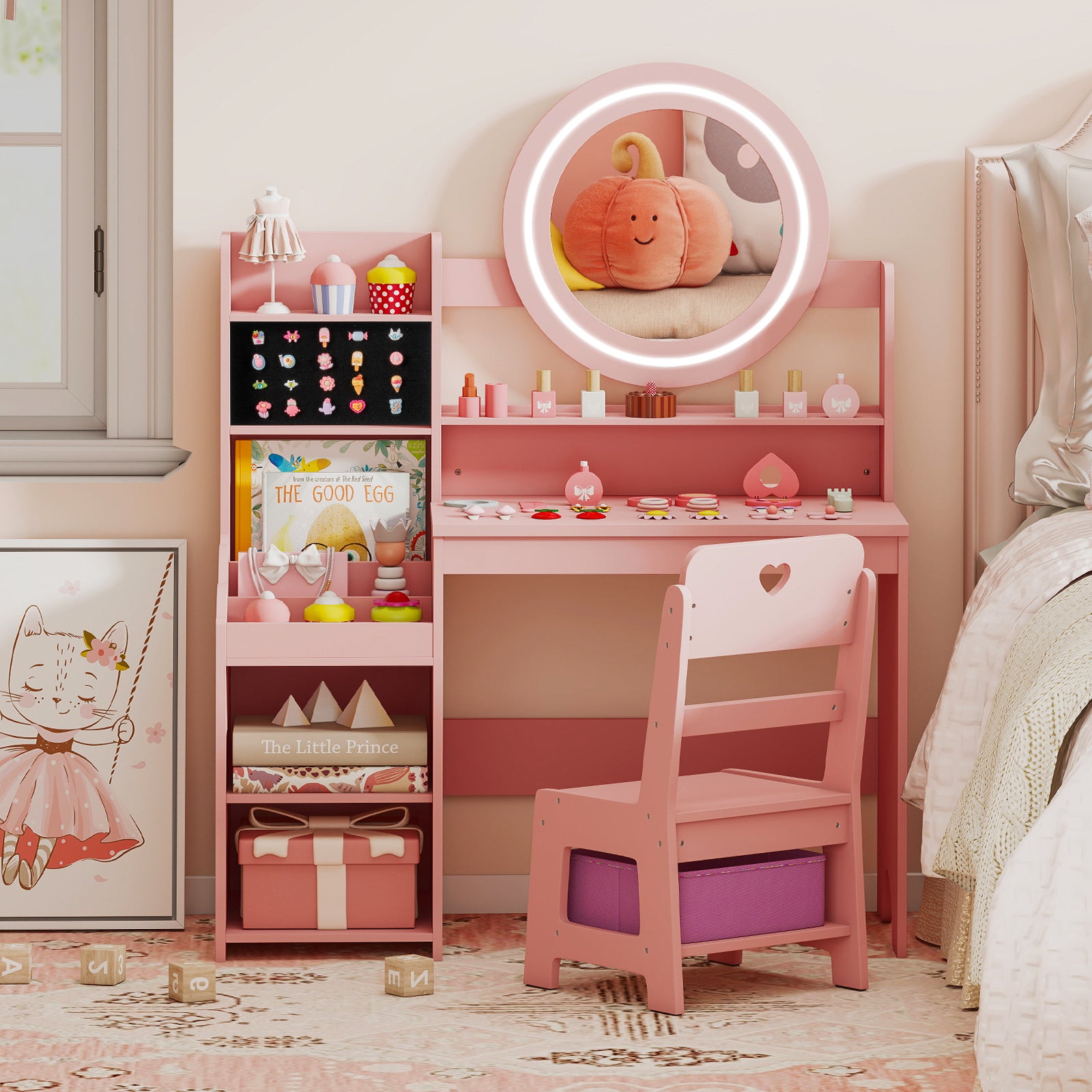 Kids Vanity Desk with Mirror and Lights Princess Pretend Play Dressing Table and Chair Set-Pink
