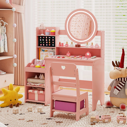 Kids Vanity Desk with Mirror and Lights Princess Pretend Play Dressing Table and Chair Set-Pink
