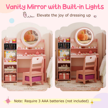 Kids Vanity Desk with Mirror and Lights Princess Pretend Play Dressing Table and Chair Set-Pink