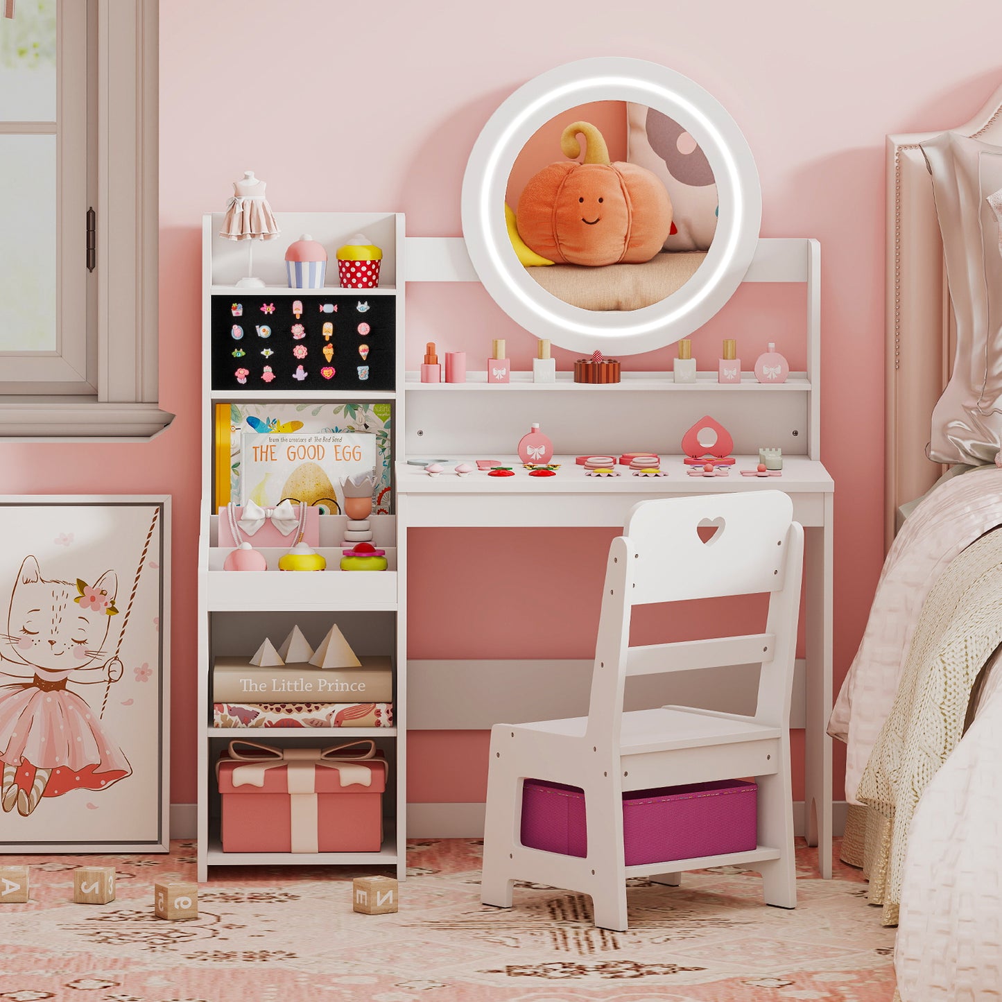 Kids Vanity Desk with Mirror and Lights Princess Pretend Play Dressing Table and Chair Set-White