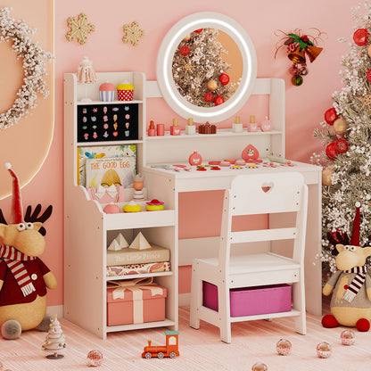 Kids Vanity Desk with Mirror and Lights Princess Pretend Play Dressing Table and Chair Set-White