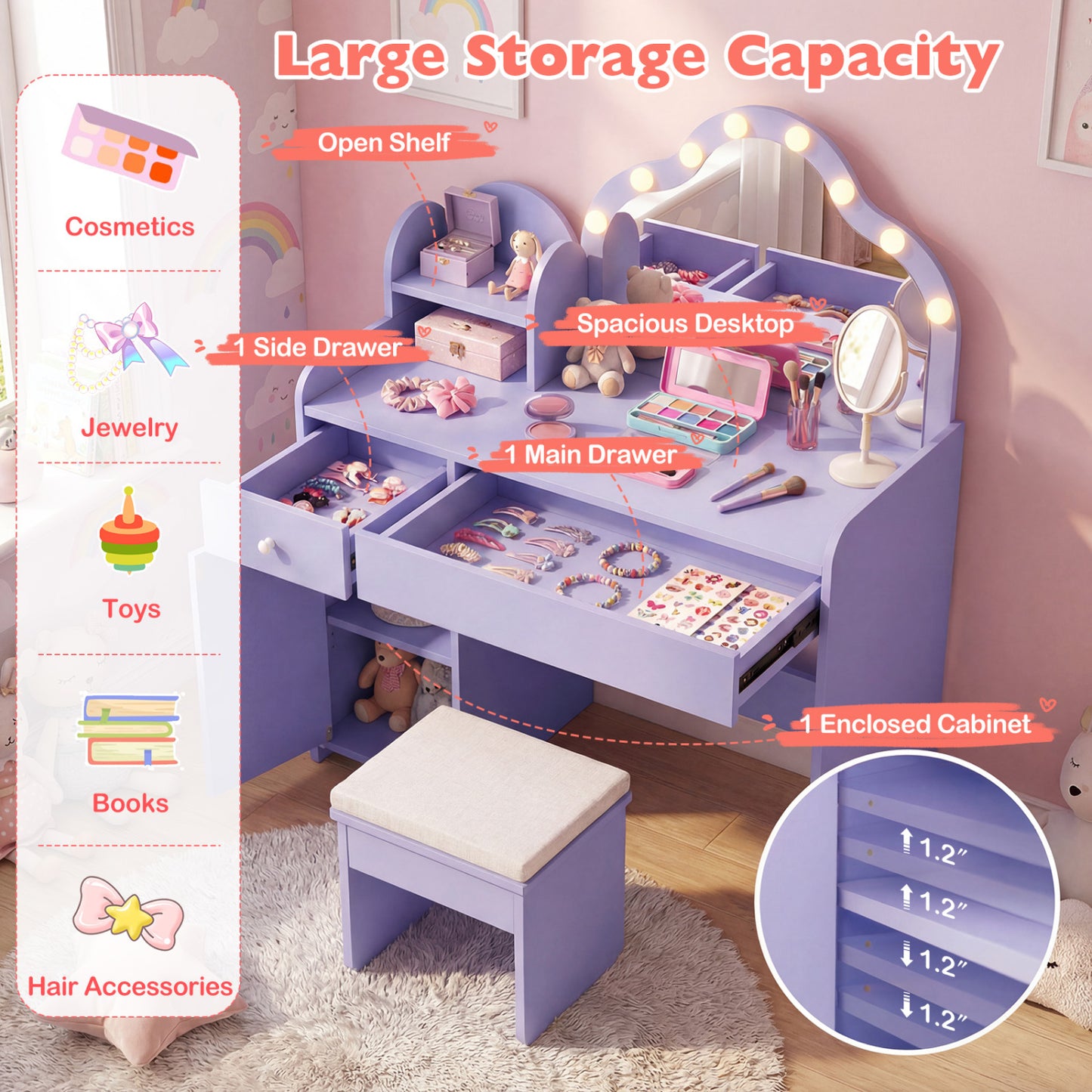 Kids Vanity Desk with Mirror and Lights Princess Pretend Play Dressing Table-Purple
