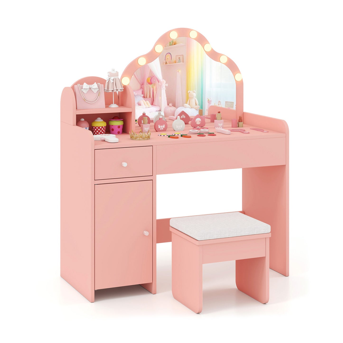 Kids Vanity Desk with Mirror and Lights Princess Pretend Play Dressing Table-Pink - Pink