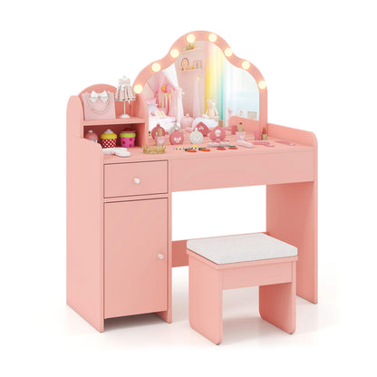 Kids Vanity Desk with Mirror and Lights Princess Pretend Play Dressing Table-Pink - Pink