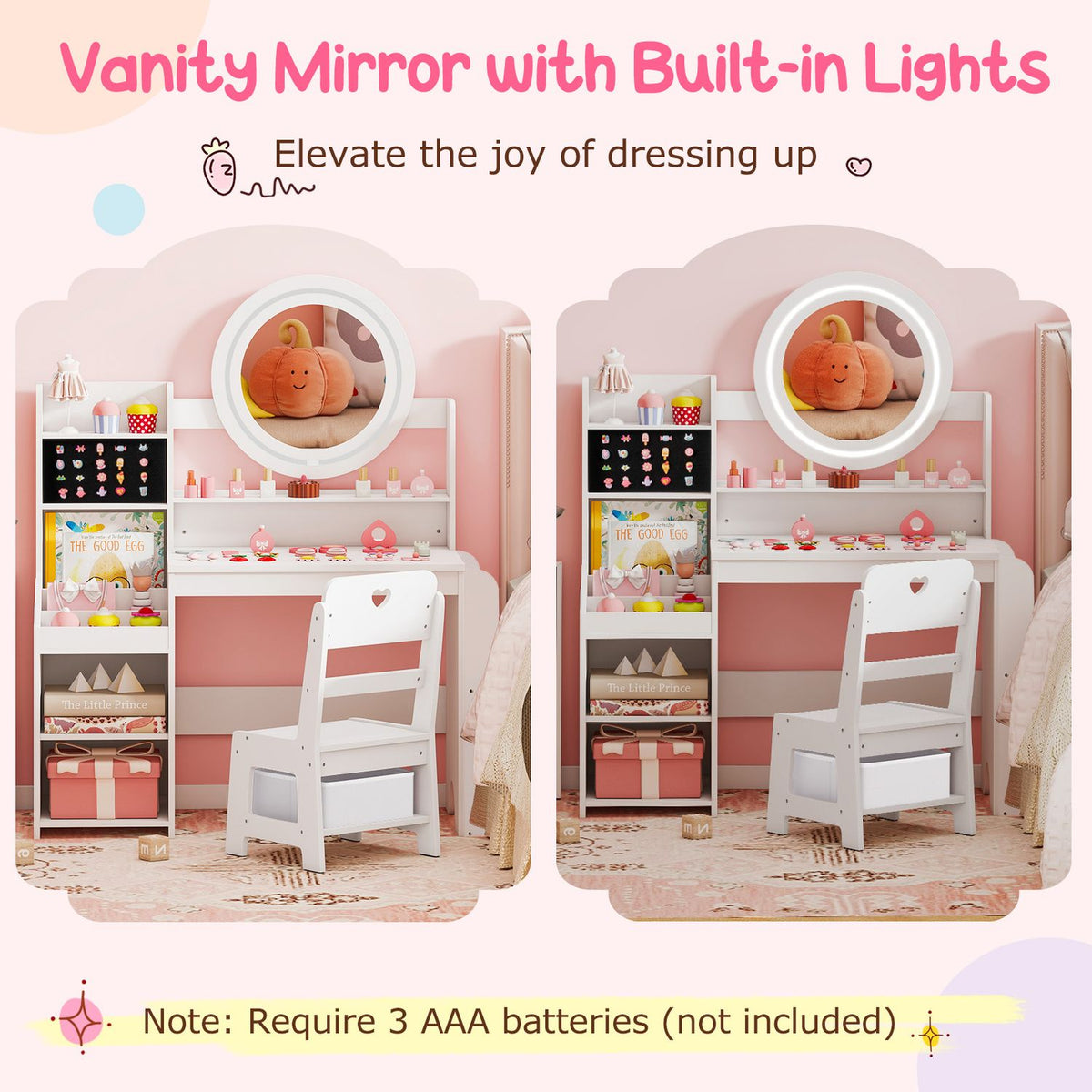 Kids Vanity Desk with Mirror Side Bookshelf and Ring Slots