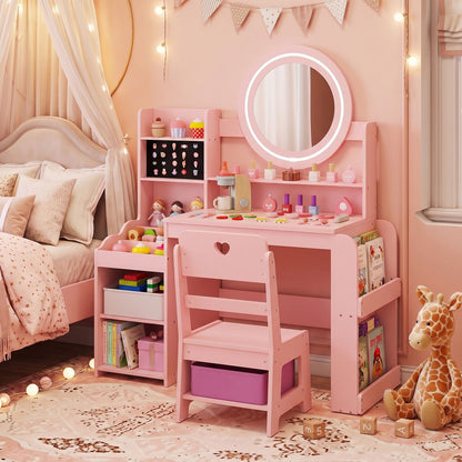 Kids Vanity Desk with Mirror Side Bookshelf and Ring Slots