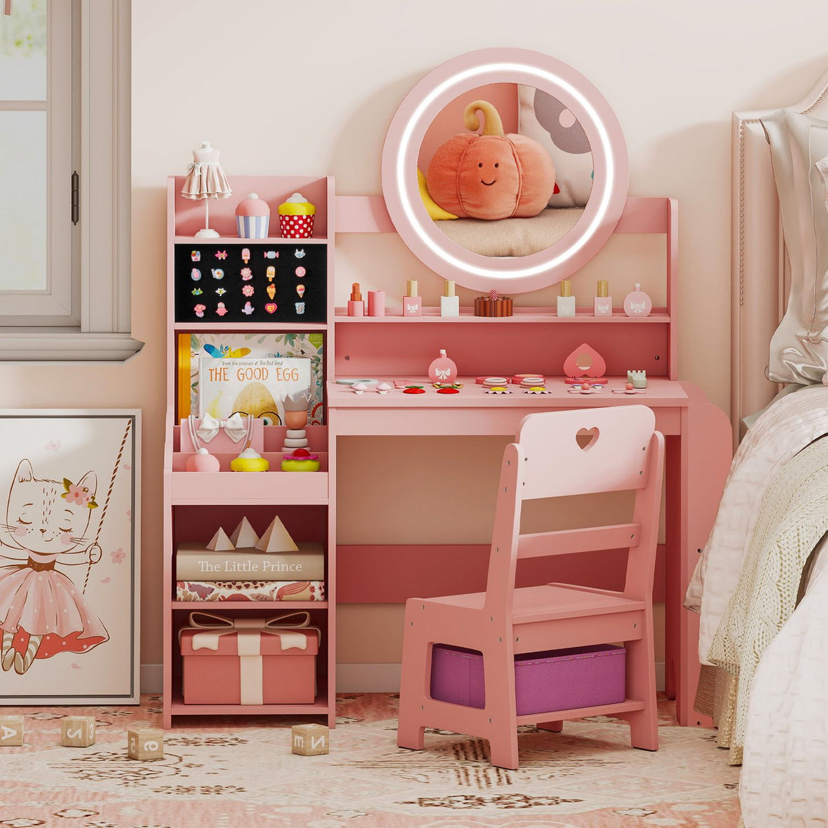 Kids Vanity Desk with Mirror Side Bookshelf and Ring Slots