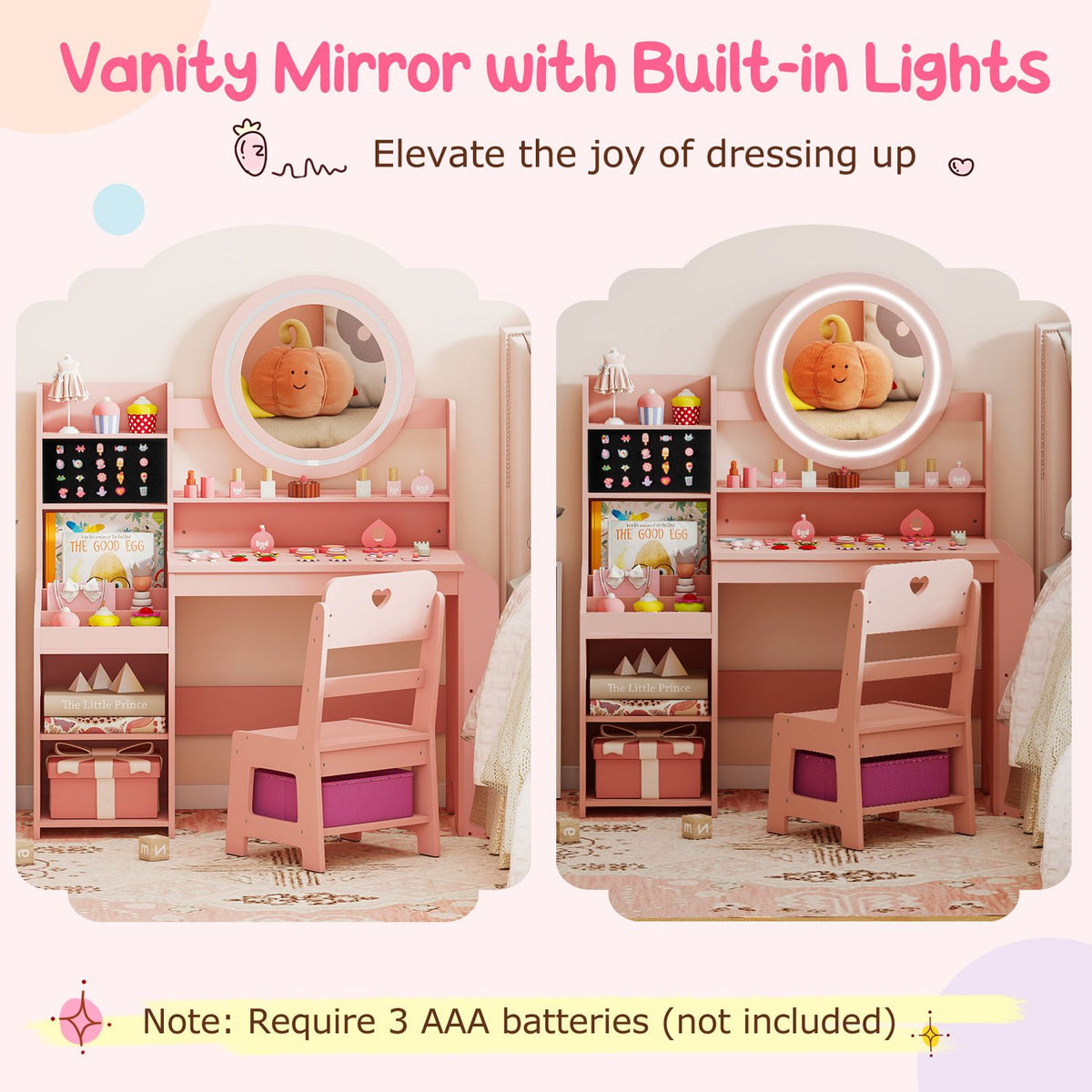 Kids Vanity Desk with Mirror Side Bookshelf and Ring Slots