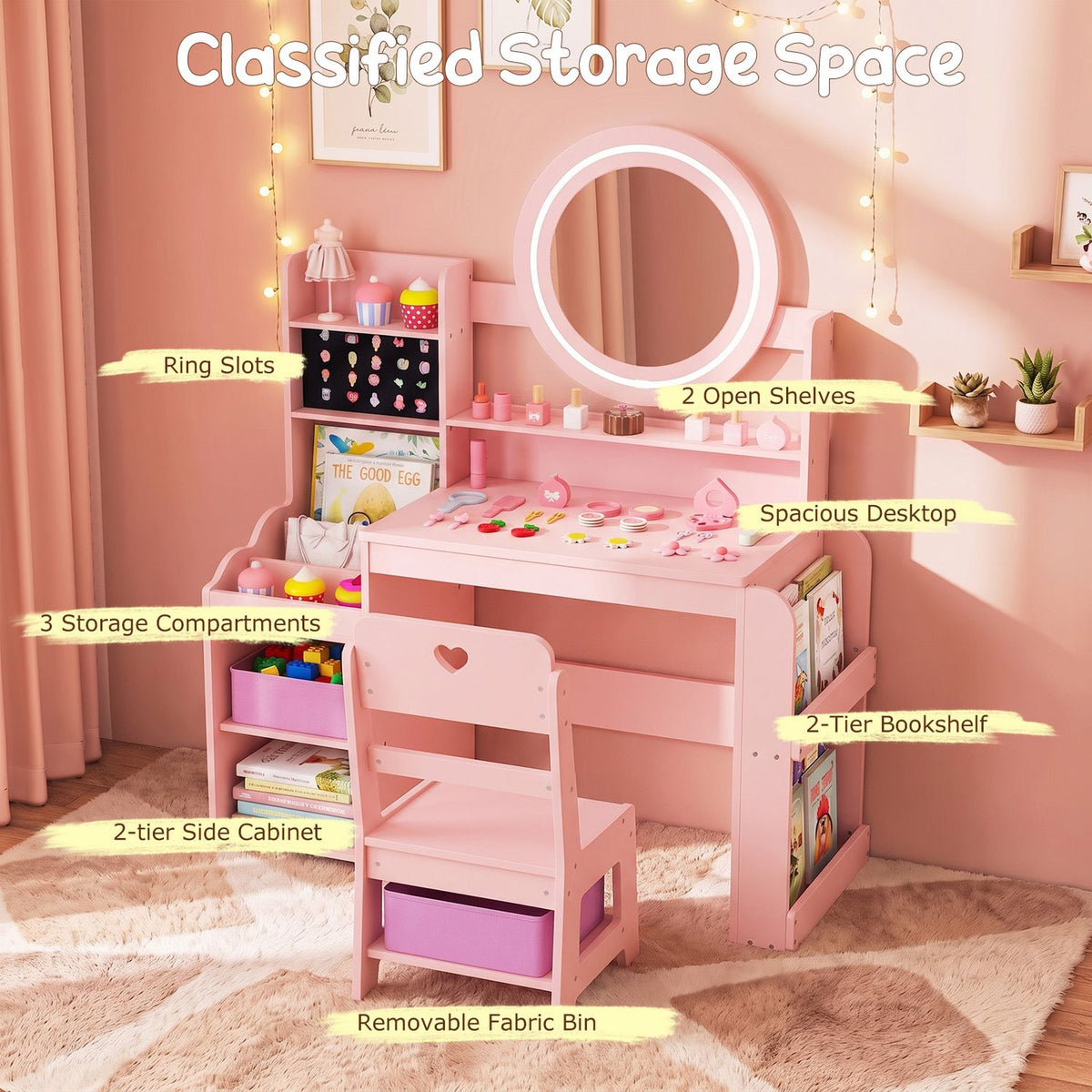 Kids Vanity Desk with Mirror Side Bookshelf and Ring Slots