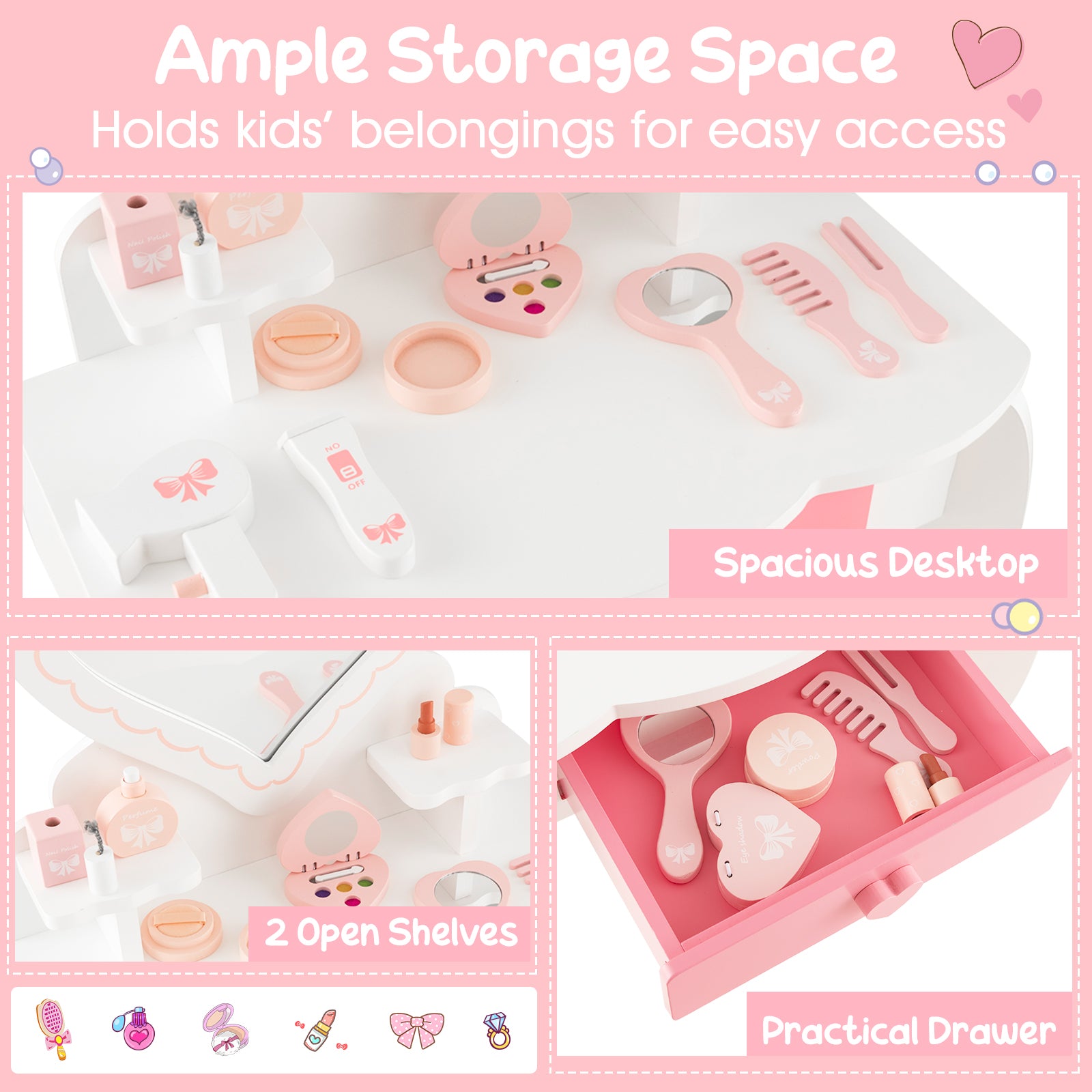 Kids Vanity Set with Heart-shaped Mirror-White