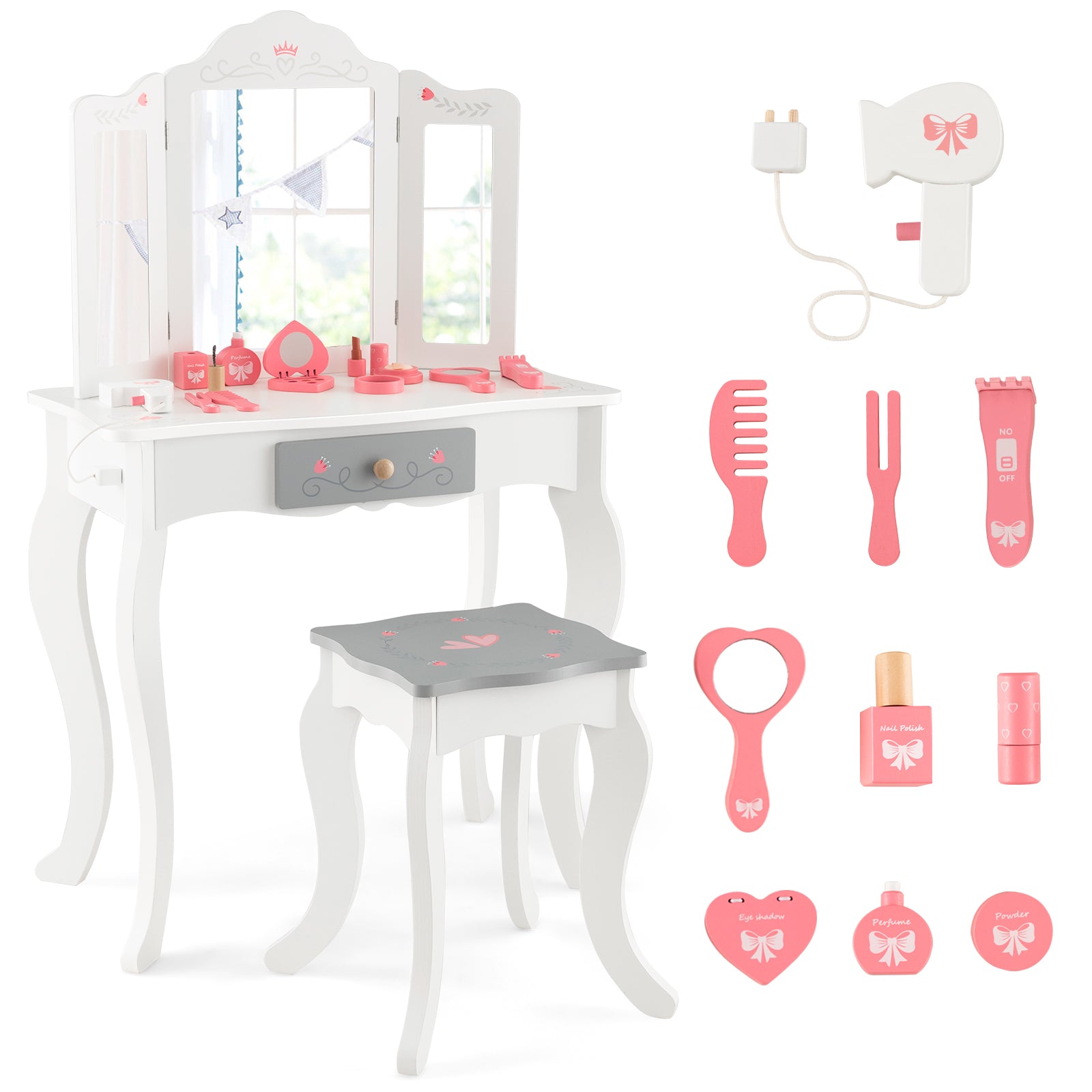 Kids Vanity Set with Tri-folding Mirror-Green - White