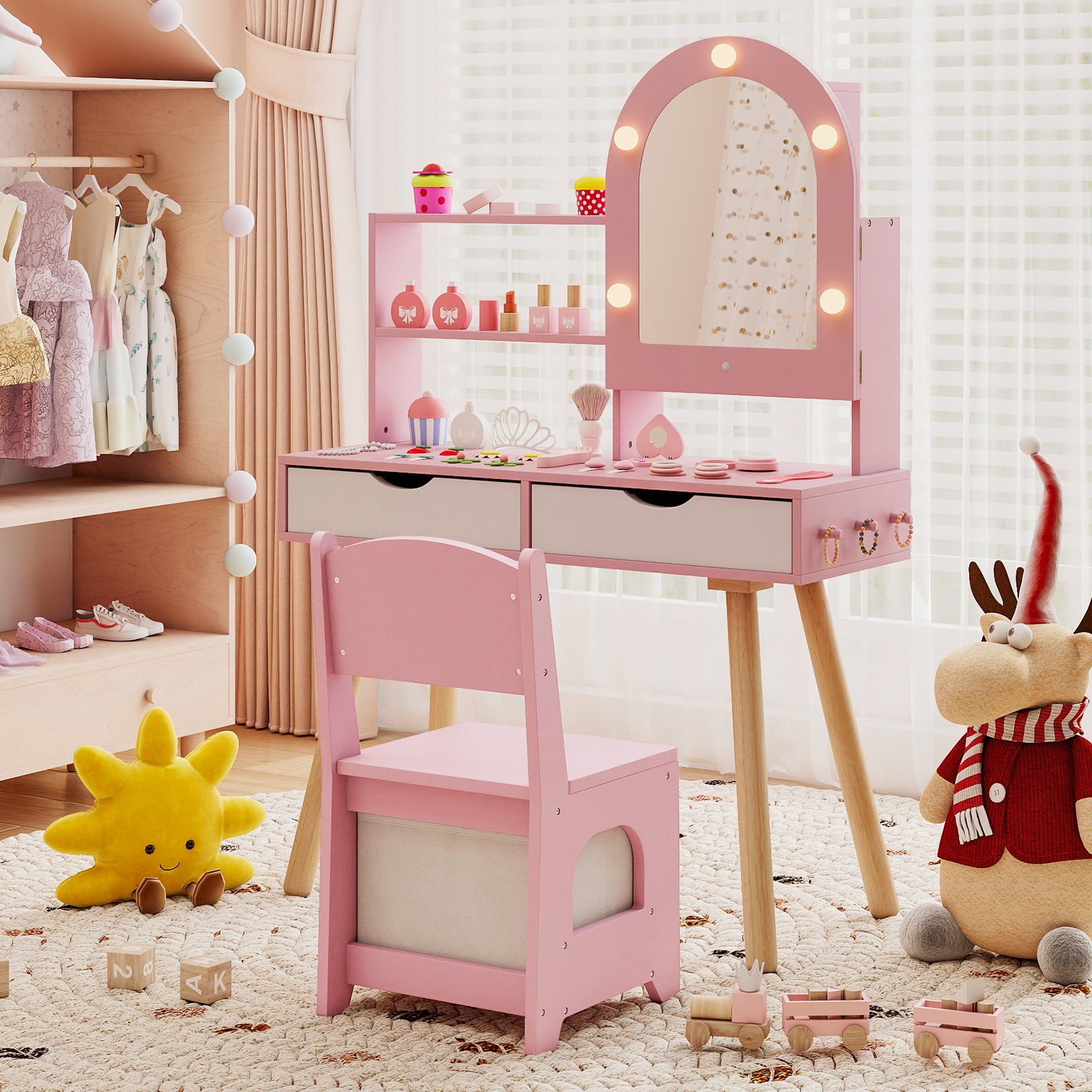 Kids Vanity Set Pretend Play Dressing Table Set with 3-Color Lighting Modes Adjustable Brightness and Mirror Cabinet-Pink
