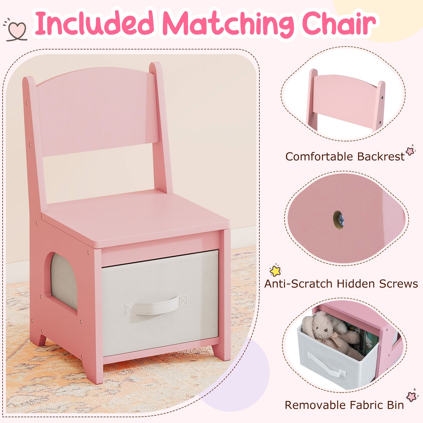Kids Vanity Set Pretend Play Dressing Table Set with 3-Color Lighting Modes Adjustable Brightness and Mirror Cabinet-Pink