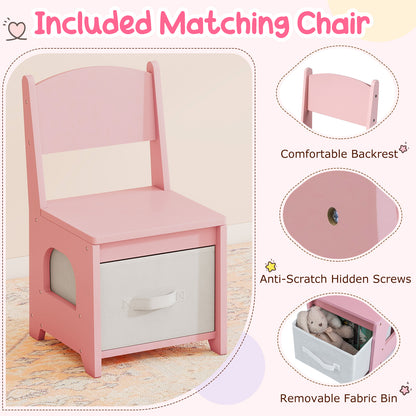 Kids Vanity Set Pretend Play Dressing Table Set with 3-Color Lighting Modes Adjustable Brightness and Mirror Cabinet-Pink