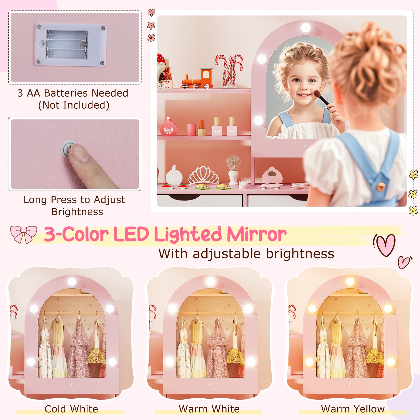 Kids Vanity Set Pretend Play Dressing Table Set with 3-Color Lighting Modes Adjustable Brightness and Mirror Cabinet-Pink