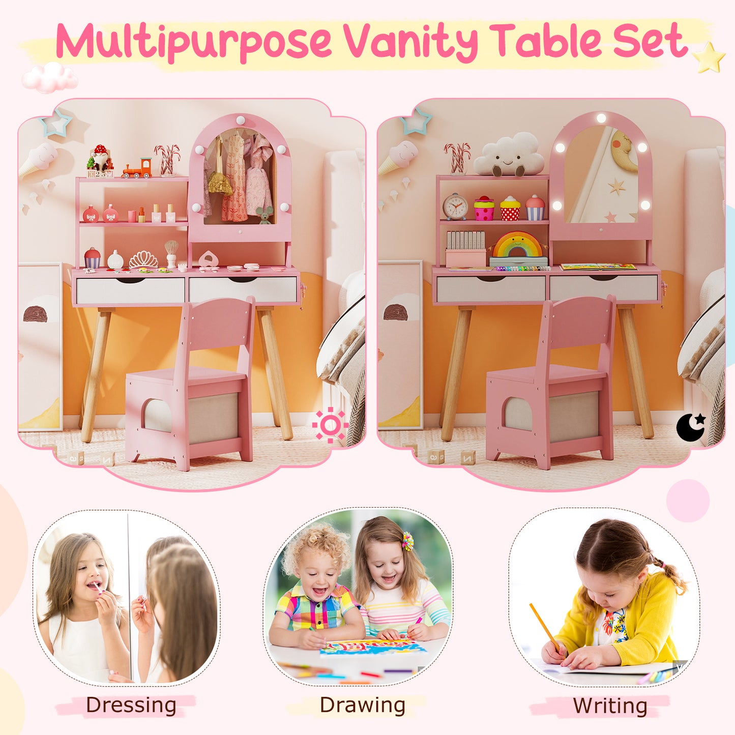 Kids Vanity Set Pretend Play Dressing Table Set with 3-Color Lighting Modes Adjustable Brightness and Mirror Cabinet-Pink