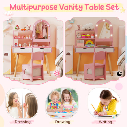 Kids Vanity Set Pretend Play Dressing Table Set with 3-Color Lighting Modes Adjustable Brightness and Mirror Cabinet-Pink