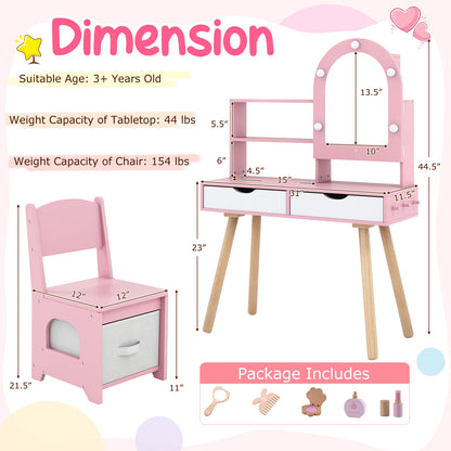 Kids Vanity Set Pretend Play Dressing Table Set with 3-Color Lighting Modes Adjustable Brightness and Mirror Cabinet-Pink
