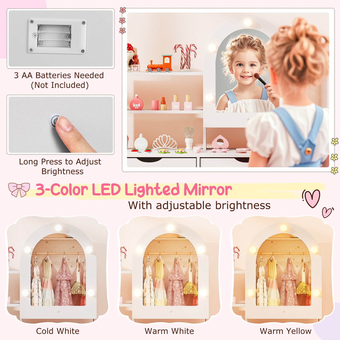 Kids Vanity Set Pretend Play Dressing Table Set with 3-Color Lighting Modes Adjustable Brightness and Mirror Cabinet-White