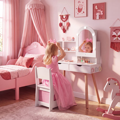 Kids Vanity Set with Lighted Mirror and Chair - White