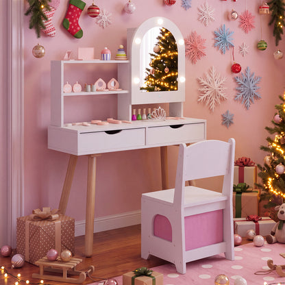 Kids Vanity Set with Lighted Mirror and Chair - White