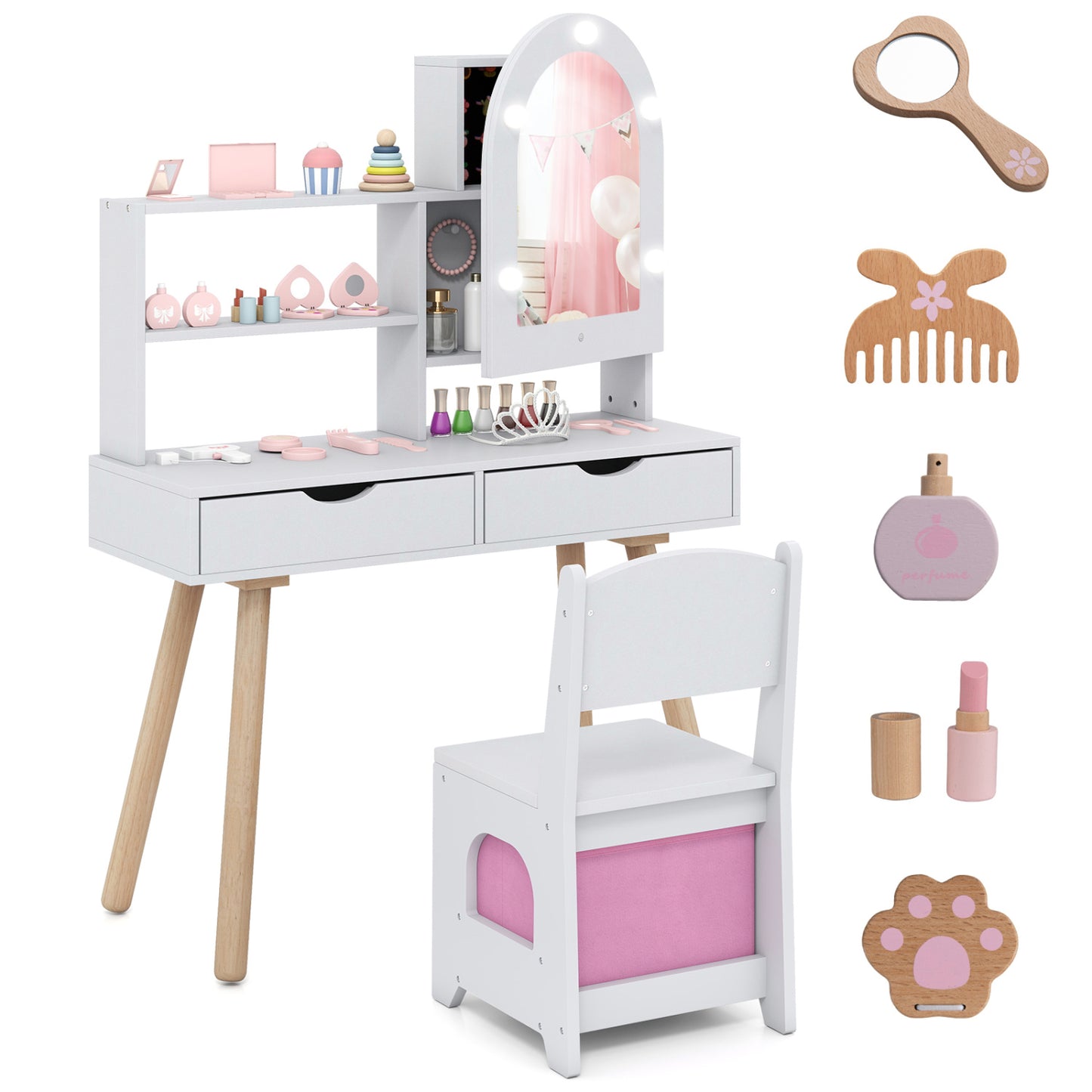 Kids Vanity Set with Lighted Mirror and Chair - White
