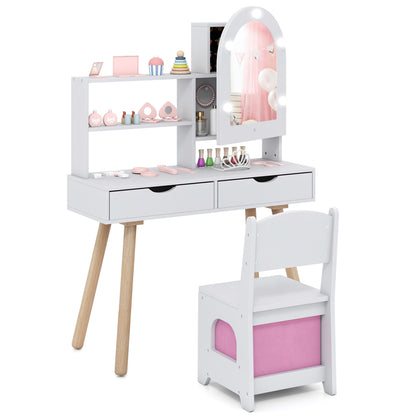 Kids Vanity Set with Lighted Mirror and Chair - White