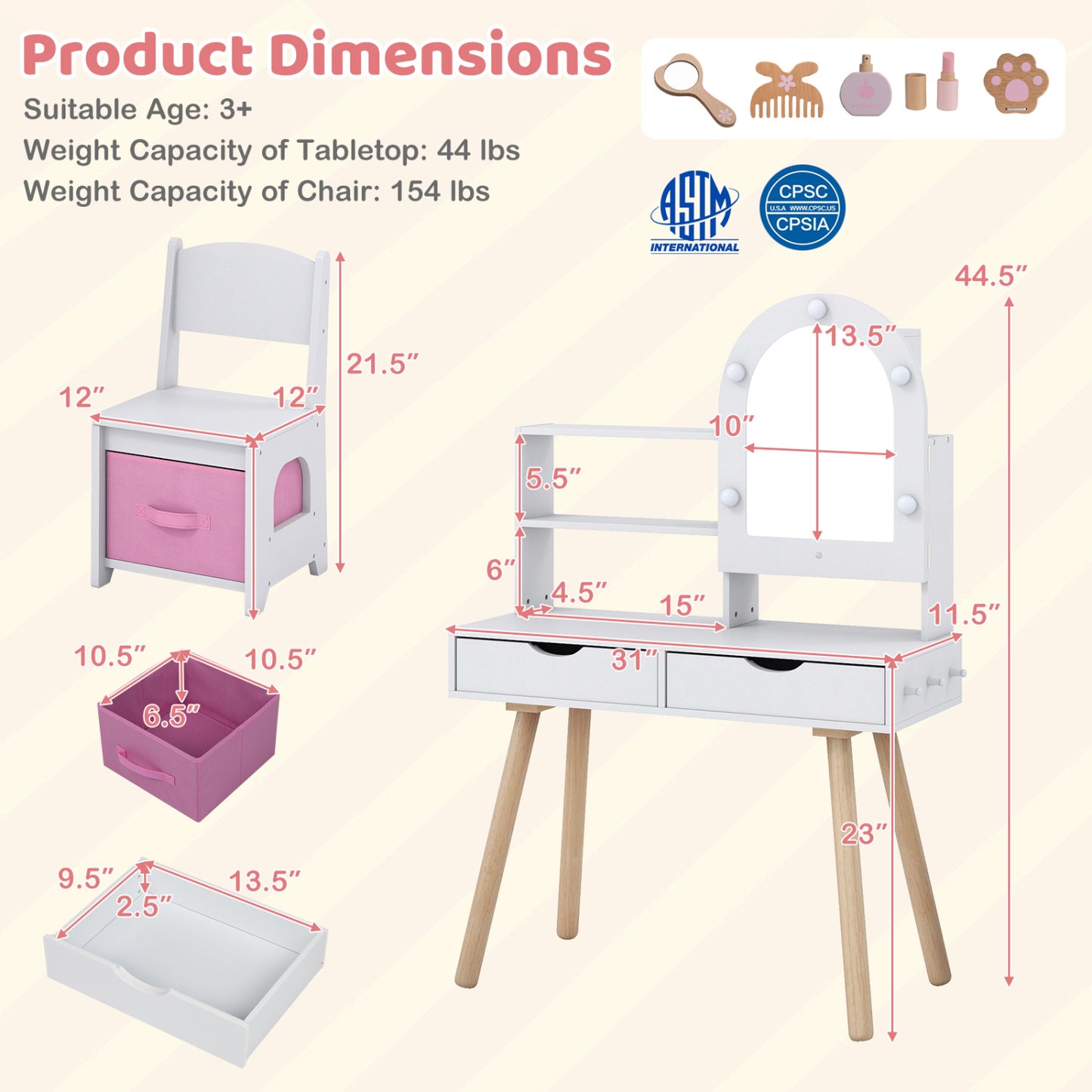 Kids Vanity Set with Lighted Mirror and Chair - White