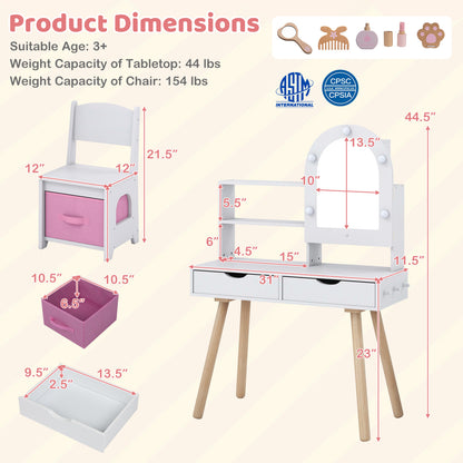 Kids Vanity Set with Lighted Mirror and Chair - White