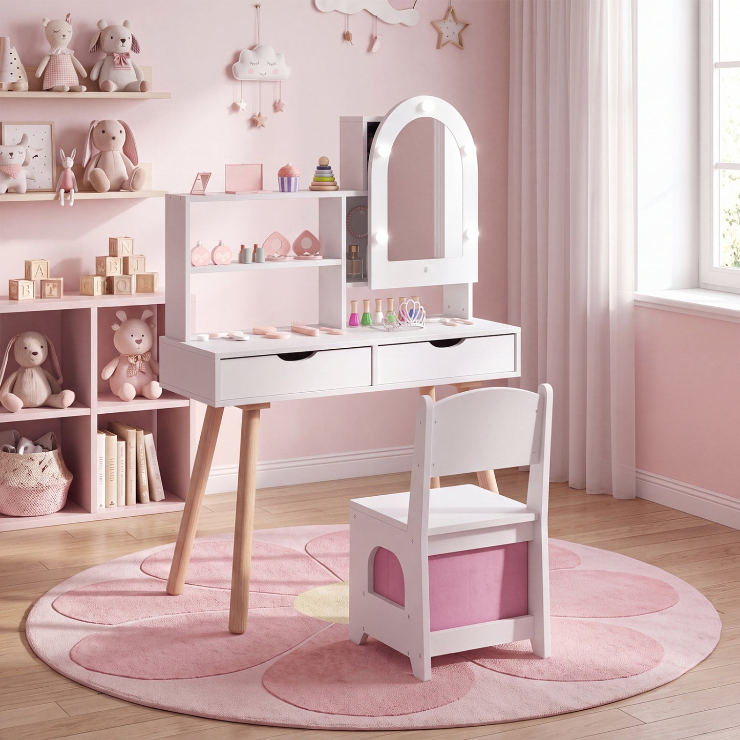 Kids Vanity Set with Lighted Mirror and Chair - White